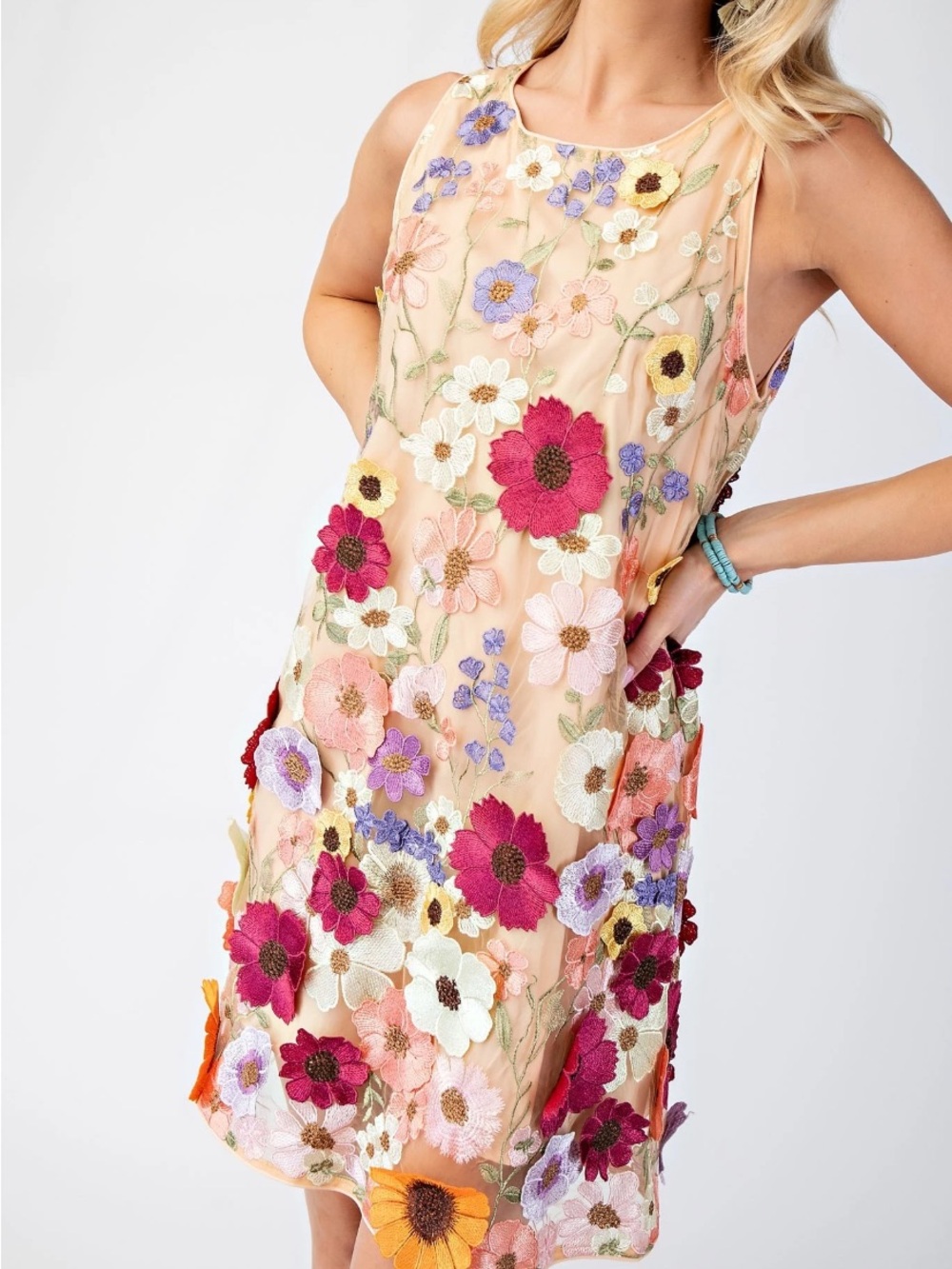 New York & Company Peach Floral Embroidered Sleeveless Dress